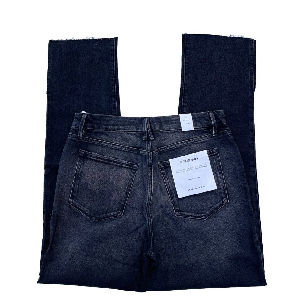 Good American Good Boy Straight Leg Jeans Black Distressed Knee Size 2 - Picture 5 of 16